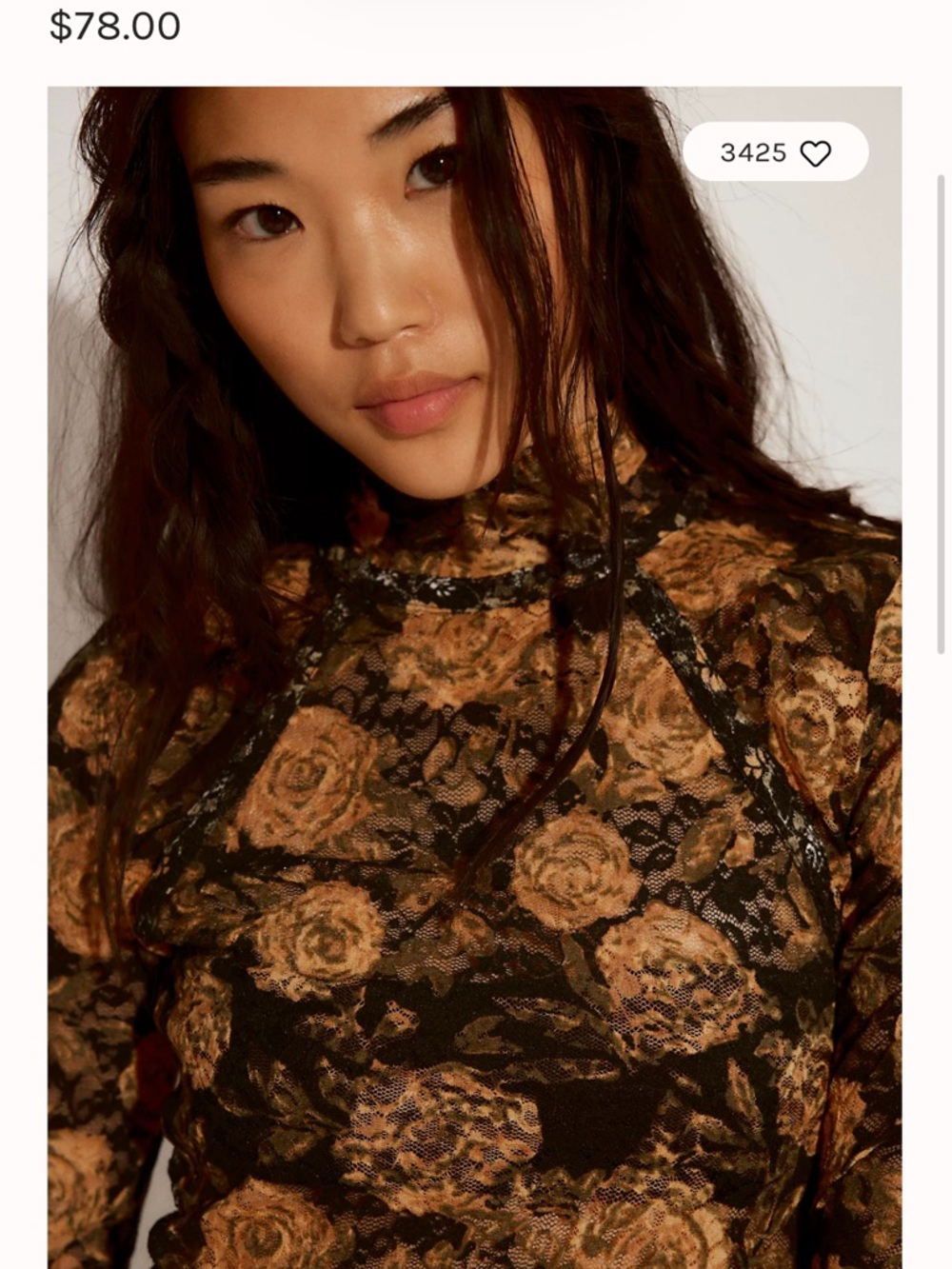 Free People : Floral Lace Mock Neck Top - Black and Rust Rose